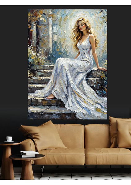 Beyaz Elbiseli Zarif Kadın Dekoratif Kanvas - Mdf Ahşap Tablo