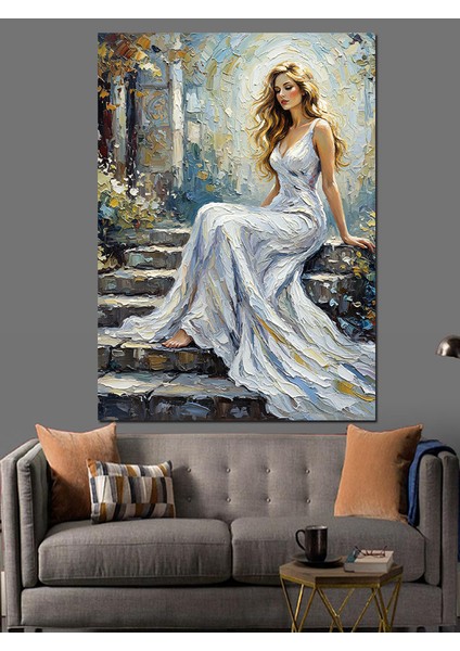 Beyaz Elbiseli Zarif Kadın Dekoratif Kanvas - Mdf Ahşap Tablo fiyatları