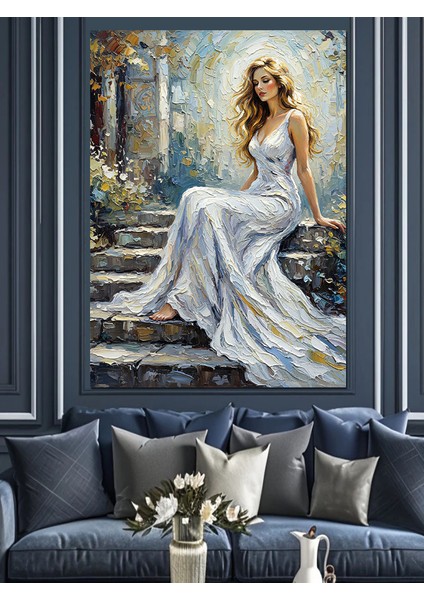 Beyaz Elbiseli Zarif Kadın Dekoratif Kanvas - Mdf Ahşap Tablo fırsatları