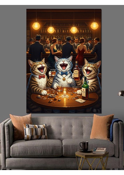Bardaki Eğlenen Kediler Dekoratif Kanvas - Mdf Ahşap Tablo