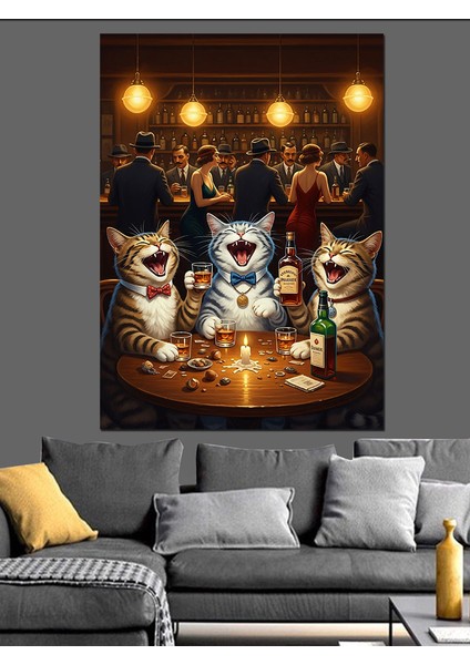 Bardaki Eğlenen Kediler Dekoratif Kanvas - Mdf Ahşap Tablo fiyatları