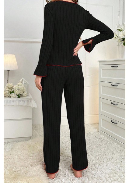 Kadın Siyah Kırmızı Biyeli ve Fiyonklu Uzun Kollu Mevsimlik Pijama Takımı fiyatları