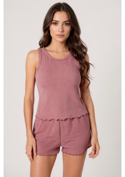 Kadın Tozlu Pembe Kenarları Fırfırlı Şortlu Kaşkorse Gecelik Takımı