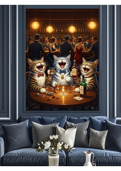 Bardaki Eğlenen Kediler Dekoratif Kanvas - Mdf Ahşap Tablo modelleri