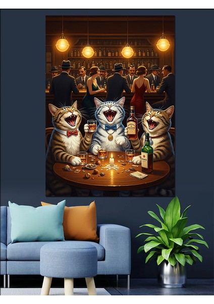 Bardaki Eğlenen Kediler Dekoratif Kanvas - Mdf Ahşap Tablo fırsatları