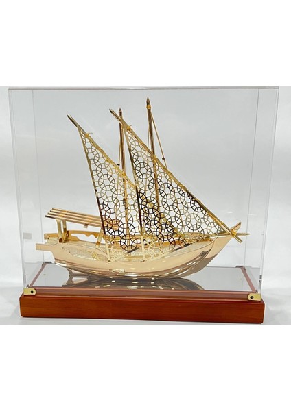Pirinç Yelkenli Gemi Altın Kaplama Katar Dhow Teknesi Kutulu 29CM No.1