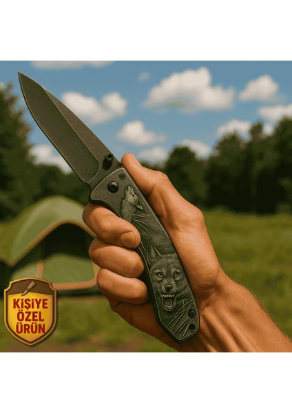 Sibirya Kurt Desenli Metal Saplı Isme Özel Yazılı 9CR18MOV Kalite Paslanmaz Çelik Avcı Kamp Bıçağı indirimleri