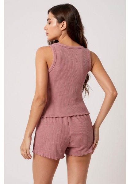 Kadın Tozlu Pembe Kenarları Fırfırlı Şortlu Kaşkorse Gecelik Takımı modelleri