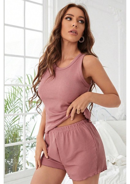 Kadın Tozlu Pembe Kenarları Fırfırlı Şortlu Kaşkorse Gecelik Takımı fırsatları