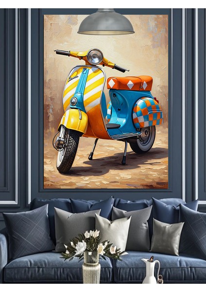 Mavi Scooter Motorsiklet Dekoratif Kanvas - Mdf Ahşap Tablo