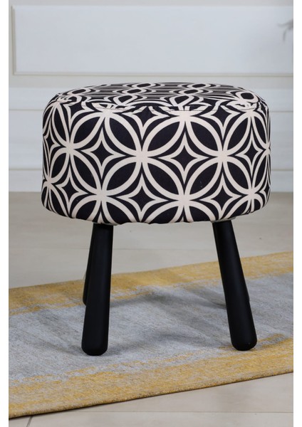 Pufcuk Dekoratif Rahat ve Konforlu Puf - Siyah/beyaz Renkli - Doğal Ahşap Bohem Ayaklı - Yuvarlak Puf - Çok Amaçlı Kullanım - Modern Bench