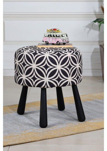 Pufcuk Dekoratif Rahat ve Konforlu Puf - Siyah/beyaz Renkli - Doğal Ahşap Bohem Ayaklı - Yuvarlak Puf - Çok Amaçlı Kullanım - Modern Bench modelleri