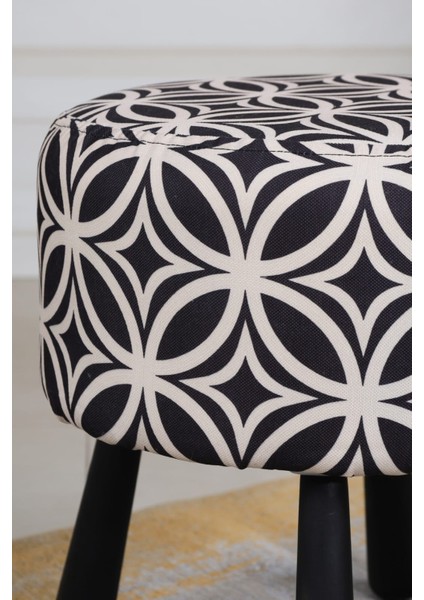 Pufcuk Dekoratif Rahat ve Konforlu Puf - Siyah/beyaz Renkli - Doğal Ahşap Bohem Ayaklı - Yuvarlak Puf - Çok Amaçlı Kullanım - Modern Bench fırsatları