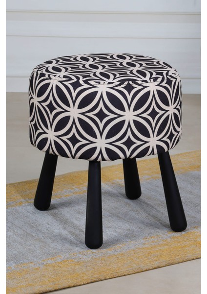 Pufcuk Dekoratif Rahat ve Konforlu Puf - Siyah/beyaz Renkli - Doğal Ahşap Bohem Ayaklı - Yuvarlak Puf - Çok Amaçlı Kullanım - Modern Bench indirimleri