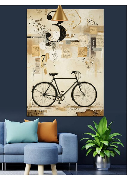 Eski Bisiklet 3 Numarası Çizim Dekoratif Kanvas - Mdf Ahşap Tablo