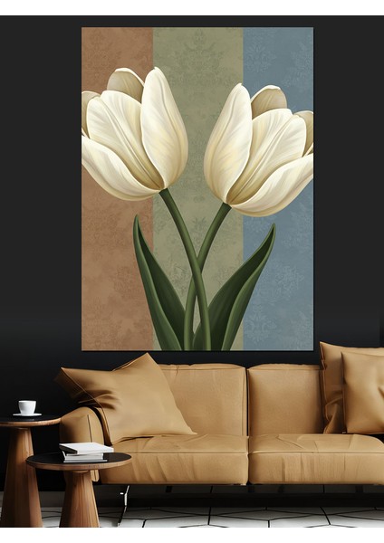 Beyaz Lale Çiçek Demeti Dekoratif Kanvas - Mdf Ahşap Tablo