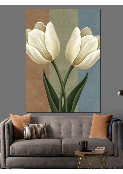 Beyaz Lale Çiçek Demeti Dekoratif Kanvas - Mdf Ahşap Tablo fiyatları