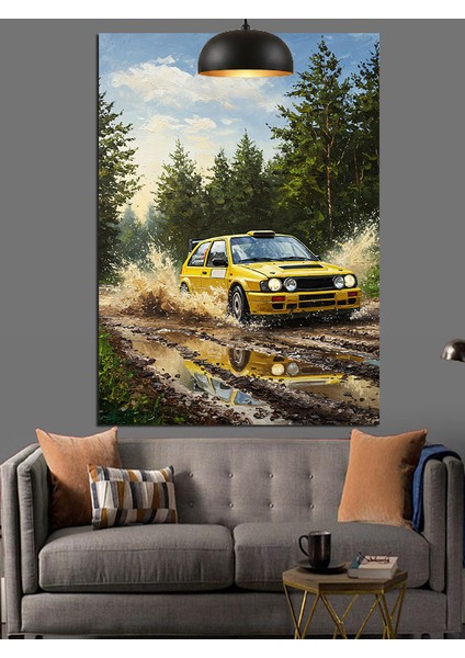 Çamurlu Yolda Sarı Araba Kamp Doğa Dekoratif Kanvas - Mdf Ahşap Tablo