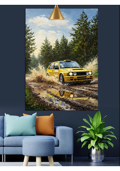 Çamurlu Yolda Sarı Araba Kamp Doğa Dekoratif Kanvas - Mdf Ahşap Tablo fiyatları
