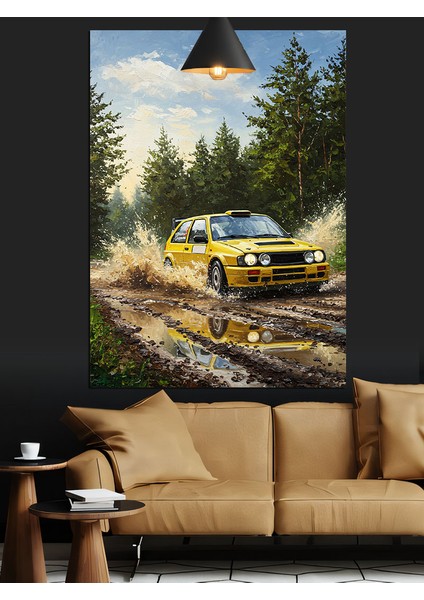 Çamurlu Yolda Sarı Araba Kamp Doğa Dekoratif Kanvas - Mdf Ahşap Tablo modelleri