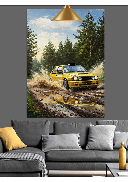 Çamurlu Yolda Sarı Araba Kamp Doğa Dekoratif Kanvas - Mdf Ahşap Tablo fırsatları