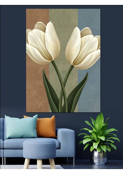 Beyaz Lale Çiçek Demeti Dekoratif Kanvas - Mdf Ahşap Tablo indirimleri