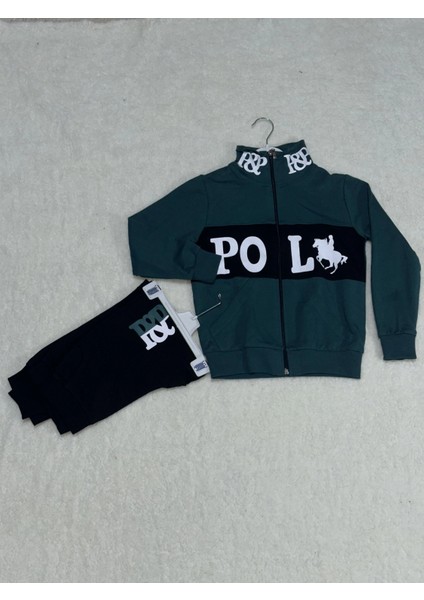 Siyah Petrol Yeşili Baskılı Kanguru Cep Alt Üst Eşofman Takımı Yeşil