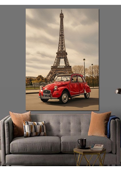 Kırmızı Araba Eyfel Kulesi Dekoratif Kanvas - Mdf Ahşap Tablo