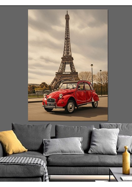 Kırmızı Araba Eyfel Kulesi Dekoratif Kanvas - Mdf Ahşap Tablo fiyatları