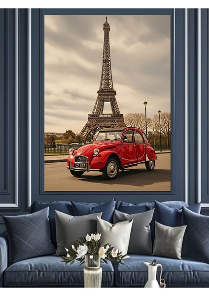 Kırmızı Araba Eyfel Kulesi Dekoratif Kanvas - Mdf Ahşap Tablo modelleri