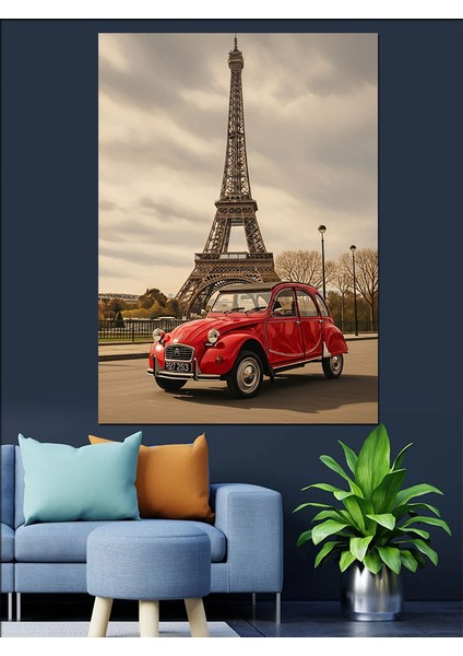 Kırmızı Araba Eyfel Kulesi Dekoratif Kanvas - Mdf Ahşap Tablo fırsatları