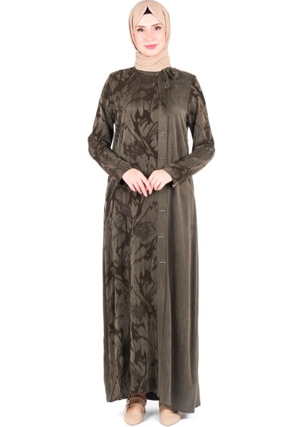 Kendinden Desenli Yakası Kurdele Detaylı Haki Elbise 9412