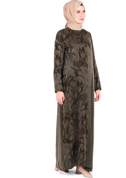 Kendinden Desenli Yakası Kurdele Detaylı Haki Elbise 9412 fiyatları