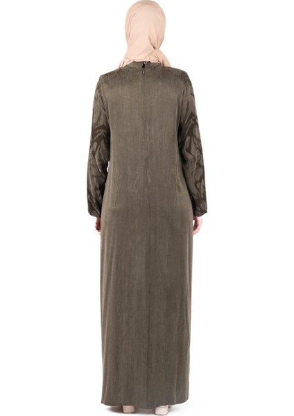 Kendinden Desenli Yakası Kurdele Detaylı Haki Elbise 9412 modelleri