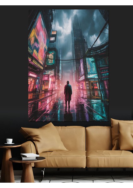 Yağmurlu Neon Şehir Sokağı Dekoratif Kanvas - Mdf Ahşap Tablo