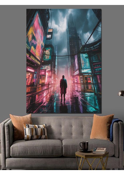 Yağmurlu Neon Şehir Sokağı Dekoratif Kanvas - Mdf Ahşap Tablo fiyatları