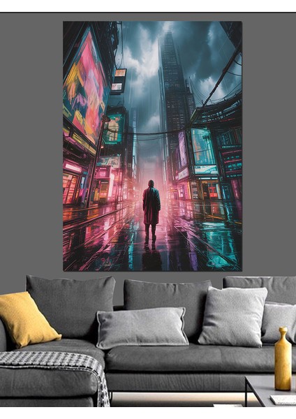 Yağmurlu Neon Şehir Sokağı Dekoratif Kanvas - Mdf Ahşap Tablo modelleri