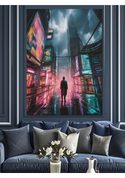Yağmurlu Neon Şehir Sokağı Dekoratif Kanvas - Mdf Ahşap Tablo fırsatları