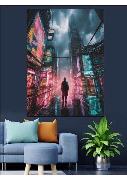 Yağmurlu Neon Şehir Sokağı Dekoratif Kanvas - Mdf Ahşap Tablo indirimleri