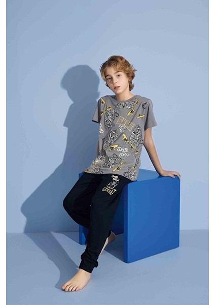 Erkek Çocuk Kaplan T-Shirt Uzun Alt Penye Süprem Bisiklet Yaka Orta Kalın Pijama TAKIMI-3973