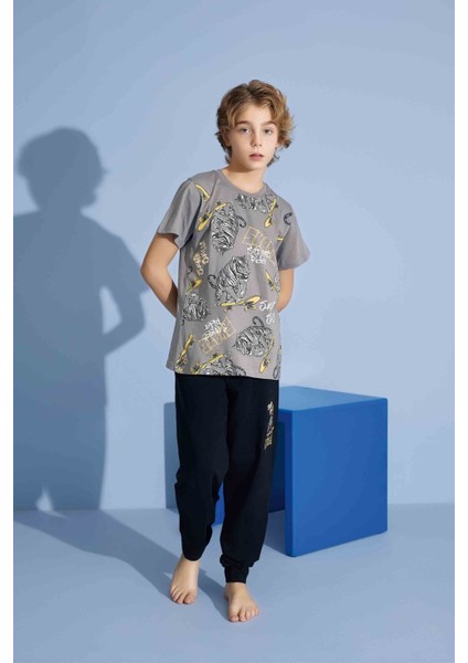 Erkek Çocuk Kaplan T-Shirt Uzun Alt Penye Süprem Bisiklet Yaka Orta Kalın Pijama TAKIMI-3973 fırsatları