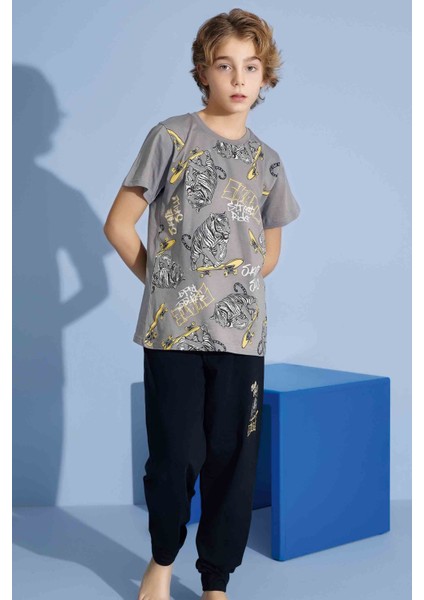 Erkek Çocuk Kaplan T-Shirt Uzun Alt Penye Süprem Bisiklet Yaka Orta Kalın Pijama TAKIMI-3973 indirimleri