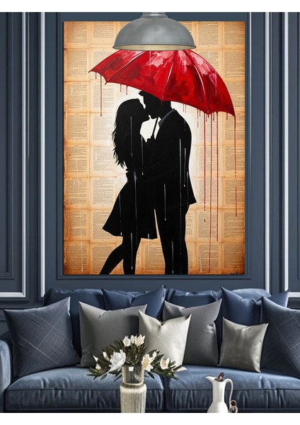 Kırmızı Şemsiyeli Kadın ve Erkek Figürü Romantik Dekoratif Kanvas - Mdf Ahşap Tablo