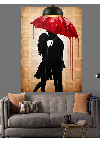 Kırmızı Şemsiyeli Kadın ve Erkek Figürü Romantik Dekoratif Kanvas - Mdf Ahşap Tablo fiyatları