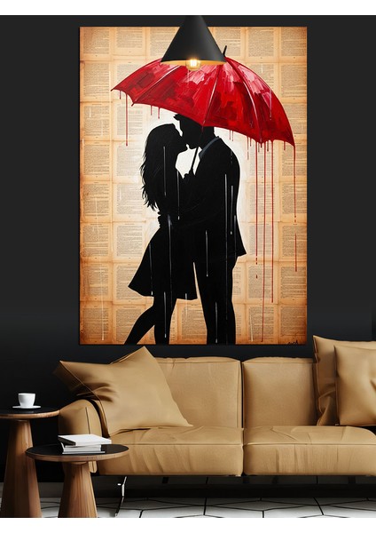 Kırmızı Şemsiyeli Kadın ve Erkek Figürü Romantik Dekoratif Kanvas - Mdf Ahşap Tablo fırsatları