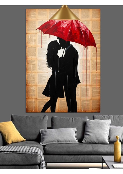 Kırmızı Şemsiyeli Kadın ve Erkek Figürü Romantik Dekoratif Kanvas - Mdf Ahşap Tablo indirimleri