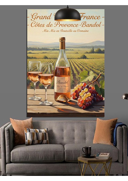 Beyaz Şarap Şişesi ve Üzüm Bağları Afiş Dekoratif Kanvas - Mdf Ahşap Tablo