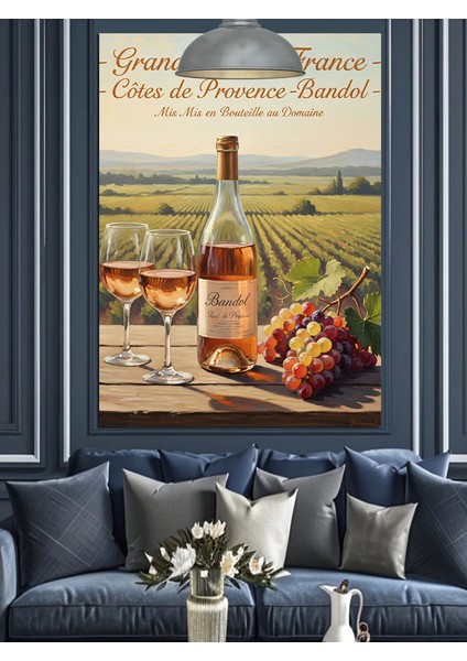 Beyaz Şarap Şişesi ve Üzüm Bağları Afiş Dekoratif Kanvas - Mdf Ahşap Tablo indirimleri