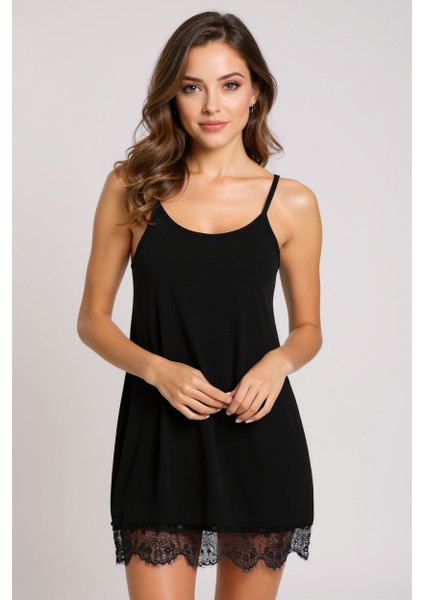 Kadın Siyah Ip Askılı Dantel Detaylı Gecelik – Modern ve Şık Tasarım