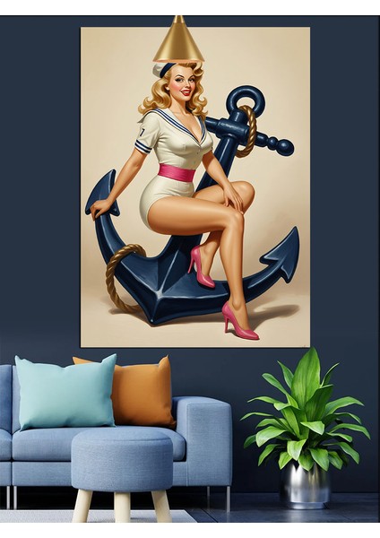 Denizci Kız Pin-Up Tarzı Çapa Dekoratif Kanvas - Mdf Ahşap Tablo